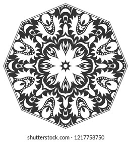 Mandala isolated design element, geometric line pattern. Stylized floral round ornament. Zen doodle art, monochrome sketch for coloring book page, textile fabric print. Black and white illustration