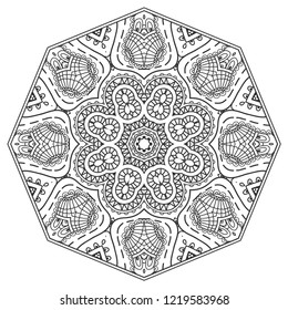 Mandala isolated design element, geometric line pattern. Stylized floral round ornament. Zen doodle art, monochrome sketch for coloring book page, textile fabric print. Black and white illustration