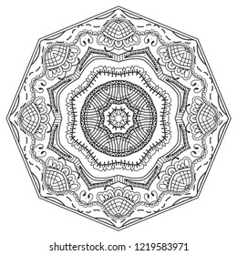 Mandala isolated design element, geometric line pattern. Stylized floral round ornament. Zen doodle art, monochrome sketch for coloring book page, textile fabric print. Black and white illustration