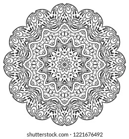 Mandala isolated design element, geometric line pattern. Stylized floral round ornament. Zen doodle art, monochrome sketch for coloring book page, textile fabric print. Black and white illustration