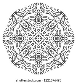 Mandala isolated design element, geometric line pattern. Stylized floral round ornament. Zen doodle art, monochrome sketch for coloring book page, textile fabric print. Black and white illustration