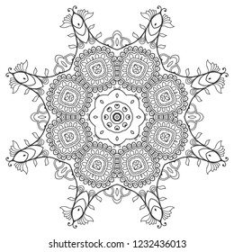 Mandala isolated design element, geometric line pattern. Stylized floral round ornament. Zen doodle art, monochrome sketch for coloring book page, textile fabric print. Black and white illustration