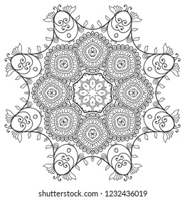 Mandala isolated design element, geometric line pattern. Stylized floral round ornament. Zen doodle art, monochrome sketch for coloring book page, textile fabric print. Black and white illustration