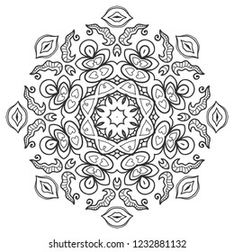 Mandala isolated design element, geometric line pattern. Stylized floral round ornament. Zen doodle art, monochrome sketch for coloring book page, textile fabric print. Black and white illustration