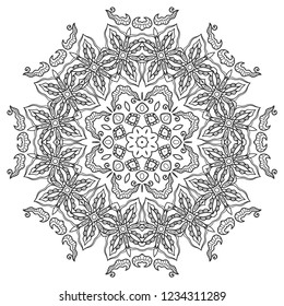 Mandala isolated design element, geometric line pattern. Stylized floral round ornament. Zen doodle art, monochrome sketch for coloring book page, textile fabric print. Black and white illustration