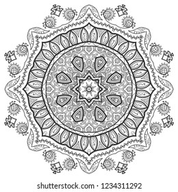 Mandala isolated design element, geometric line pattern. Stylized floral round ornament. Zen doodle art, monochrome sketch for coloring book page, textile fabric print. Black and white illustration