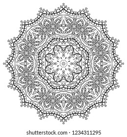Mandala isolated design element, geometric line pattern. Stylized floral round ornament. Zen doodle art, monochrome sketch for coloring book page, textile fabric print. Black and white illustration