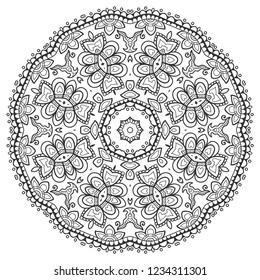Mandala isolated design element, geometric line pattern. Stylized floral round ornament. Zen doodle art, monochrome sketch for coloring book page, textile fabric print. Black and white illustration