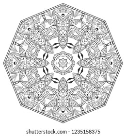 Mandala isolated design element, geometric line pattern. Stylized floral round ornament. Zen doodle art, monochrome sketch for coloring book page, textile fabric print. Black and white illustration