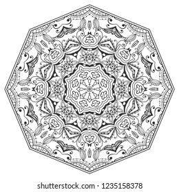 Mandala isolated design element, geometric line pattern. Stylized floral round ornament. Zen doodle art, monochrome sketch for coloring book page, textile fabric print. Black and white illustration
