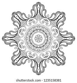 Mandala isolated design element, geometric line pattern. Stylized floral round ornament. Zen doodle art, monochrome sketch for coloring book page, textile fabric print. Black and white illustration