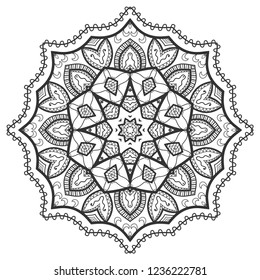 Mandala isolated design element, geometric line pattern. Stylized floral round ornament. Zen doodle art, monochrome sketch for coloring book page, textile fabric print. Black and white illustration