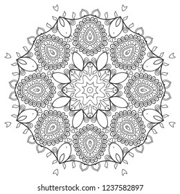 Mandala isolated design element, geometric line pattern. Stylized floral round ornament. Zen doodle art, monochrome sketch for coloring book page, textile fabric print. Black and white illustration