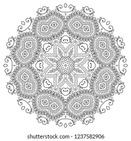 Mandala isolated design element, geometric line pattern. Stylized floral round ornament. Zen doodle art, monochrome sketch for coloring book page, textile fabric print. Black and white illustration
