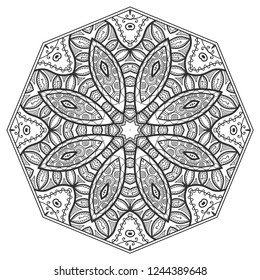 Mandala isolated design element, geometric line pattern. Stylized floral round ornament. Zen doodle art, monochrome sketch for coloring book page, textile fabric print. Black and white illustration