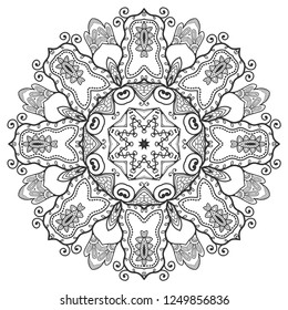 Mandala isolated design element, geometric line pattern. Stylized floral round ornament. Zen doodle art, monochrome sketch for coloring book page, textile fabric print. Black and white illustration