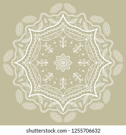 Mandala isolated design element, geometric line pattern. Stylized floral round ornament. Doodle white lace art for textile fabric or paper print. Hand drawn vector illustration
