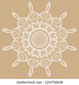 Mandala isolated design element, geometric line pattern. Stylized floral round ornament. Doodle white lace art for textile fabric or paper print. Hand drawn vector illustration