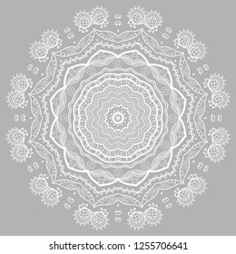 Mandala isolated design element, geometric line pattern. Stylized floral round ornament. Doodle white lace art for textile fabric or paper print. Hand drawn vector illustration
