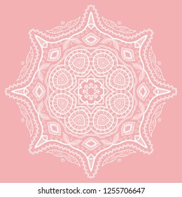 Mandala isolated design element, geometric line pattern. Stylized floral round ornament. Doodle white lace art for textile fabric or paper print. Hand drawn vector illustration
