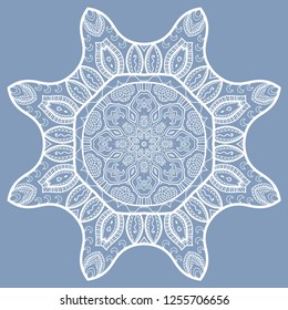 Mandala isolated design element, geometric line pattern. Stylized floral round ornament. Doodle white lace art for textile fabric or paper print. Hand drawn vector illustration