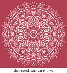 Mandala isolated design element, geometric line pattern. Stylized floral round ornament. Doodle white lace art for textile fabric or paper print. Hand drawn vector illustration
