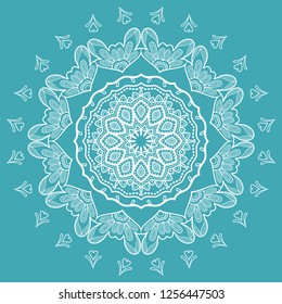 Mandala isolated design element, geometric line pattern. Stylized floral round ornament. Doodle white lace art for textile fabric or paper print. Hand drawn vector illustration