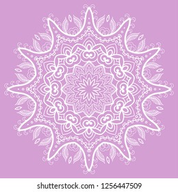 Mandala isolated design element, geometric line pattern. Stylized floral round ornament. Doodle white lace art for textile fabric or paper print. Hand drawn vector illustration