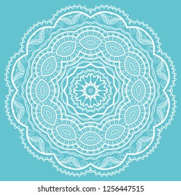 Mandala isolated design element, geometric line pattern. Stylized floral round ornament. Doodle white lace art for textile fabric or paper print. Hand drawn vector illustration