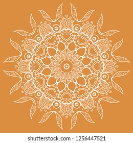 Mandala isolated design element, geometric line pattern. Stylized floral round ornament. Doodle white lace art for textile fabric or paper print. Hand drawn vector illustration