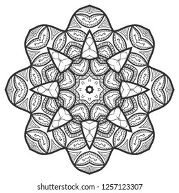 Mandala isolated design element, geometric line pattern. Stylized floral round ornament. Zen doodle art, monochrome sketch for coloring book page, textile fabric print. Black and white illustration