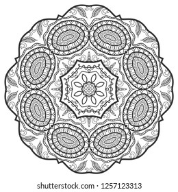 Mandala isolated design element, geometric line pattern. Stylized floral round ornament. Zen doodle art, monochrome sketch for coloring book page, textile fabric print. Black and white illustration