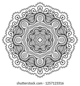 Mandala isolated design element, geometric line pattern. Stylized floral round ornament. Zen doodle art, monochrome sketch for coloring book page, textile fabric print. Black and white illustration