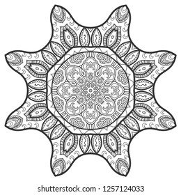 Mandala isolated design element, geometric line pattern. Stylized floral round ornament. Zen doodle art, monochrome sketch for coloring book page, textile fabric print. Black and white illustration
