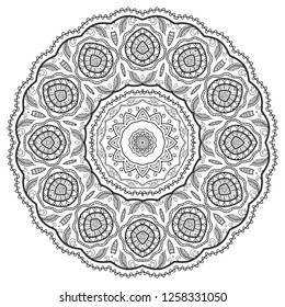 Mandala isolated design element, geometric line pattern. Stylized floral round ornament. Zen doodle art, monochrome sketch for coloring book page, textile fabric print. Black and white illustration