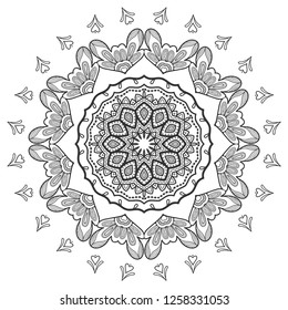 Mandala isolated design element, geometric line pattern. Stylized floral round ornament. Zen doodle art, monochrome sketch for coloring book page, textile fabric print. Black and white illustration