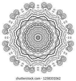 Mandala isolated design element, geometric line pattern. Stylized floral round ornament. Zen doodle art, monochrome sketch for coloring book page, textile fabric print. Black and white illustration