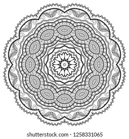 Mandala isolated design element, geometric line pattern. Stylized floral round ornament. Zen doodle art, monochrome sketch for coloring book page, textile fabric print. Black and white illustration