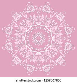 Mandala isolated design element, geometric line pattern. Stylized floral round ornament. Doodle art for textile fabric or paper print. Hand drawn vector illustration