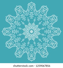 Mandala isolated design element, geometric line pattern. Stylized floral round ornament. Doodle art for textile fabric or paper print. Hand drawn vector illustration
