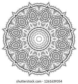 Mandala isolated design element, geometric line pattern. Stylized floral round ornament. Zen doodle art, monochrome sketch for coloring book page, textile fabric print. Black and white illustration