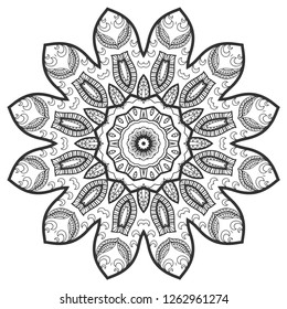 Mandala isolated design element, geometric line pattern. Stylized floral round ornament. Zen doodle art, monochrome sketch for coloring book page, textile fabric print. Black and white illustration