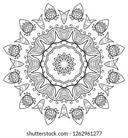 Mandala isolated design element, geometric line pattern. Stylized floral round ornament. Zen doodle art, monochrome sketch for coloring book page, textile fabric print. Black and white illustration