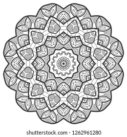 Mandala isolated design element, geometric line pattern. Stylized floral round ornament. Zen doodle art, monochrome sketch for coloring book page, textile fabric print. Black and white illustration