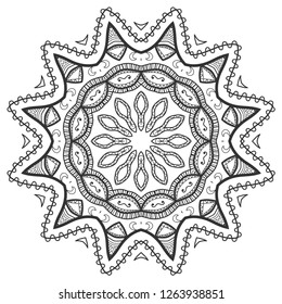 Mandala isolated design element, geometric line pattern. Stylized floral round ornament. Zen doodle art, monochrome sketch for coloring book page, textile fabric print. Black and white illustration