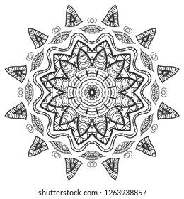 Mandala isolated design element, geometric line pattern. Stylized floral round ornament. Zen doodle art, monochrome sketch for coloring book page, textile fabric print. Black and white illustration