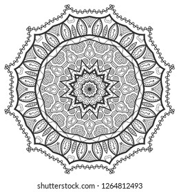 Mandala isolated design element, geometric line pattern. Stylized floral round ornament. Zen doodle art, monochrome sketch for coloring book page, textile fabric print. Black and white illustration