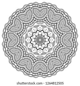 Mandala isolated design element, geometric line pattern. Stylized floral round ornament. Zen doodle art, monochrome sketch for coloring book page, textile fabric print. Black and white illustration