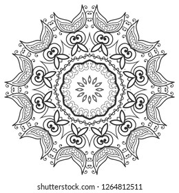 Mandala isolated design element, geometric line pattern. Stylized floral round ornament. Zen doodle art, monochrome sketch for coloring book page, textile fabric print. Black and white illustration