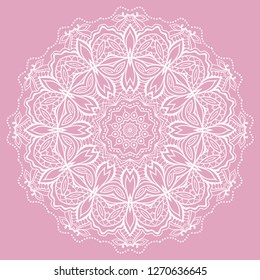 Mandala isolated design element, geometric line pattern. Stylized floral round ornament. Doodle art for textile fabric or paper print. Hand drawn vector illustration